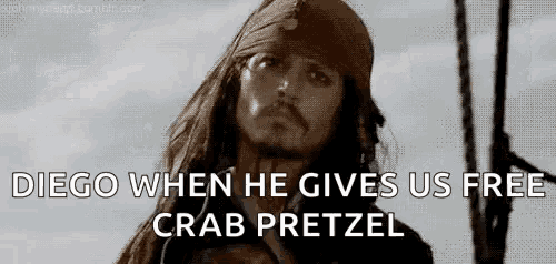 jack sparrow from pirates of the caribbean is giving us a free crab pretzel