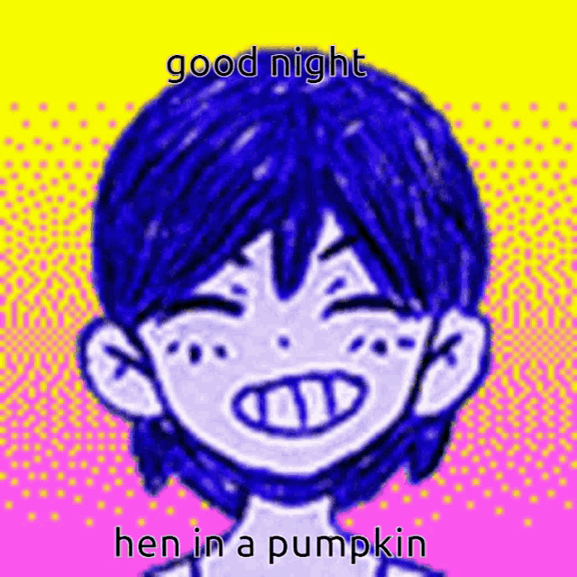 a drawing of a boy with blue hair and the words good night hen in a pumpkin .