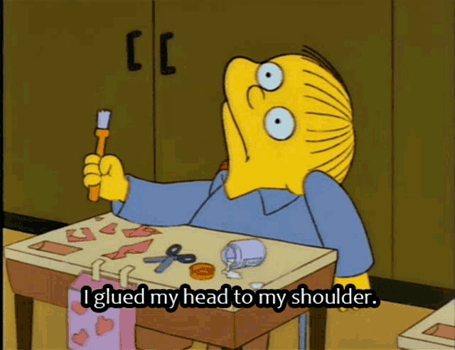a cartoon character is holding a toothbrush and saying i glued my head to my shoulder