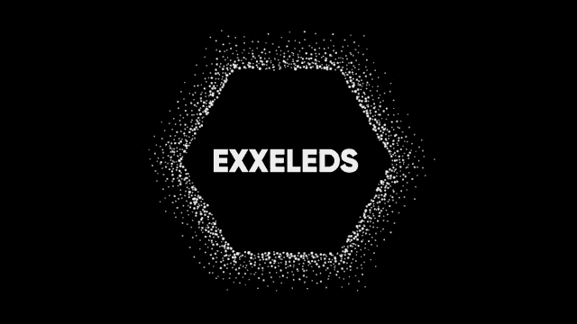 the logo for exxeleds is surrounded by white particles on a black background