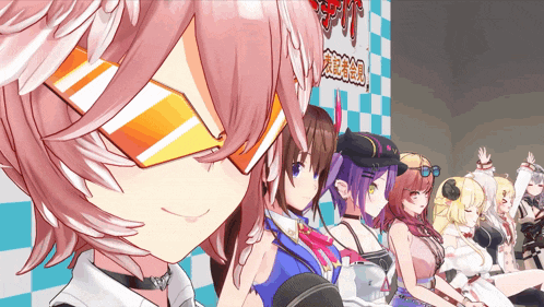 a group of anime girls are standing in front of a sign that says ' aoi ' on it