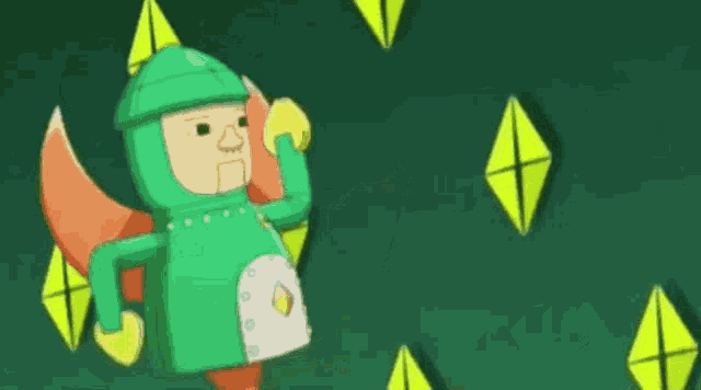 a cartoon character in a green suit is standing in front of a wall with yellow diamonds .