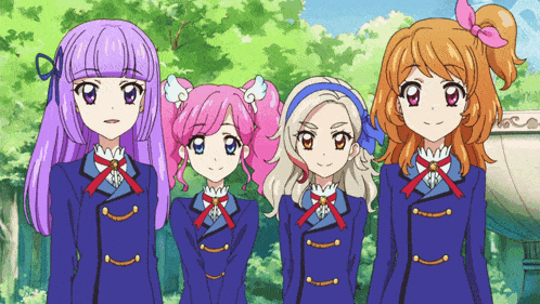four anime girls are standing next to each other in uniforms