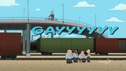 a group of cartoon characters standing under a bridge that says gay yy yy yy