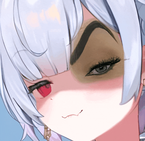 a close up of a person 's face with white hair and red eyes