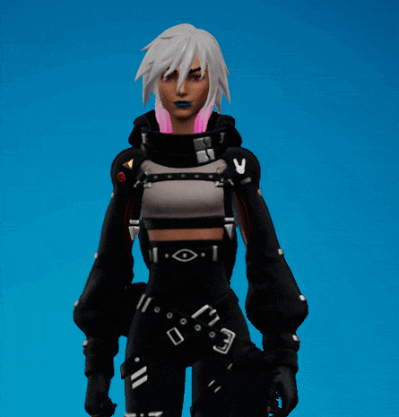 a woman with white hair and pink lipstick is wearing a black outfit
