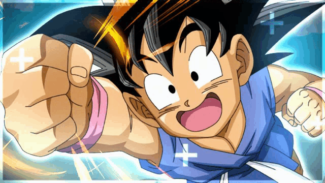 a cartoon character with a fist in the air with a plus sign in the corner