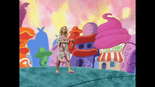 a woman in a bathrobe is standing in front of a cartoon ice cream shop