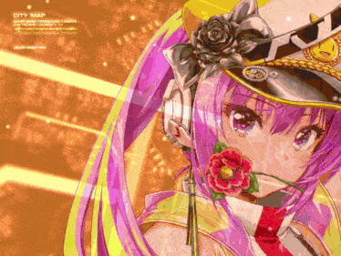 a girl with purple hair is wearing headphones and a hat with a rose in her mouth