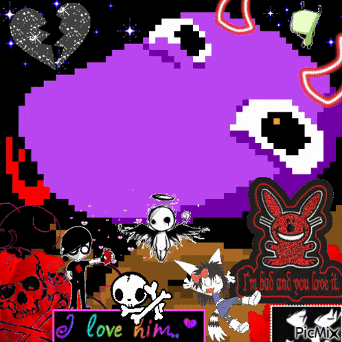 a pixel art of a boy and a girl with skulls and a sign that says i love him