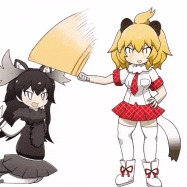 a cartoon drawing of a girl holding a broom and another girl holding a piece of paper