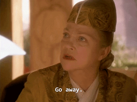 a woman wearing a hat says go away .