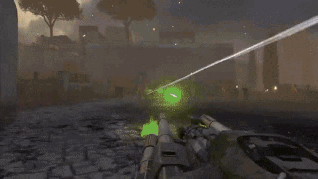 a video game is being played in a field with a monster