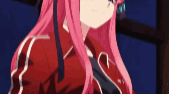 a close up of a pink haired anime girl wearing a red jacket
