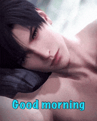 a shirtless man laying on a pillow with the words " good morning " written below him