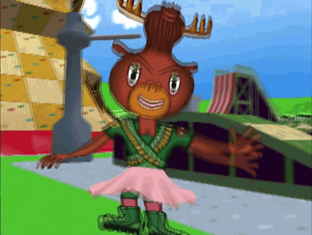 a moose wearing a pink skirt and green boots stands in front of a roller coaster
