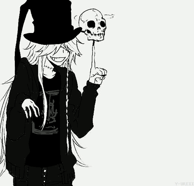 a black and white drawing of a person wearing a top hat and holding a skull on their finger .