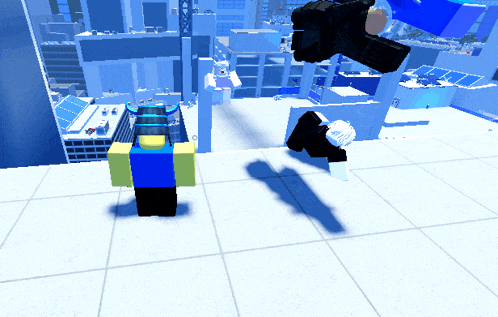 two roblox characters are standing on a white tiled floor in a video game