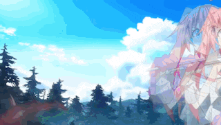a cartoon of a girl playing a flute in front of a blue sky with clouds