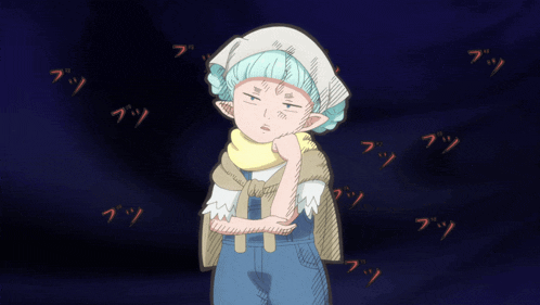 a cartoon drawing of a girl with blue hair and a scarf around her neck with chinese writing around her