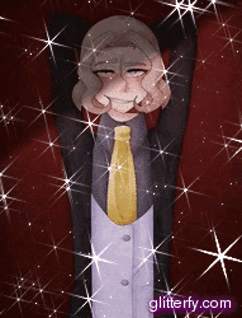 a drawing of a man in a suit and tie is surrounded by glittery stars