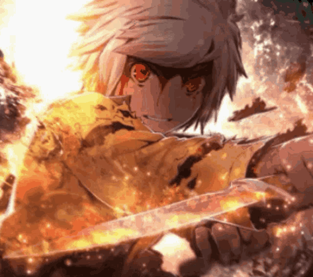 a boy with white hair and red eyes is holding a sword in his hands