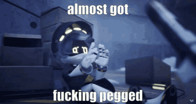 a cartoon character with the words " almost got fucking pegged " on the bottom