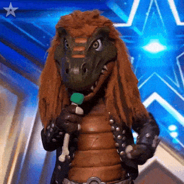 a dinosaur with long hair is holding a green microphone