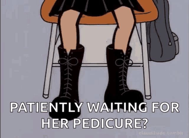 a cartoon of a girl sitting on a chair with the words patiently waiting for her pedicure .