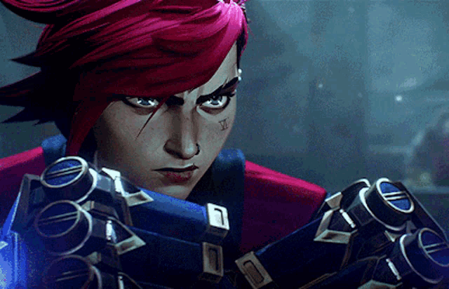 a woman with red hair has a tattoo on her face that says " i "