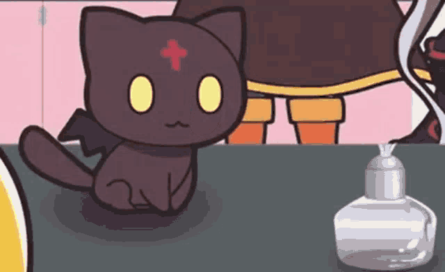a cartoon cat with a bat wing is sitting on a table next to a bottle of hand sanitizer .