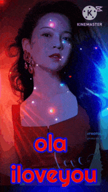 a woman in a red dress with the words ola i love you below her