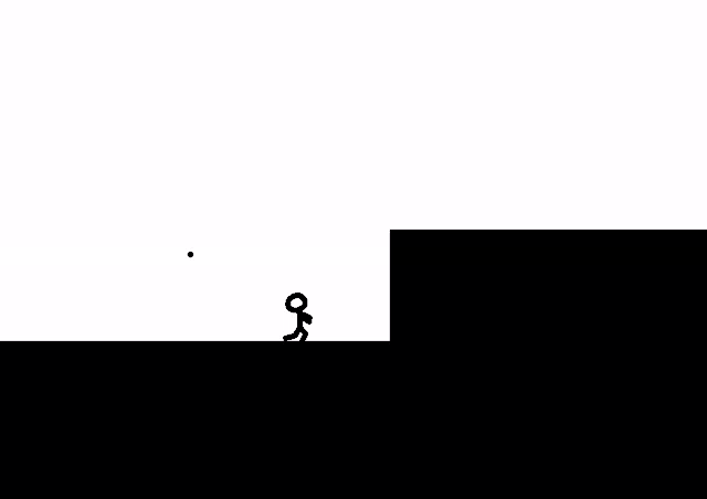 a stick figure is jumping over a cliff in a game .