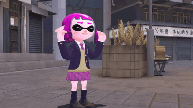 a cartoon character with purple hair and black sunglasses stands in front of a building with chinese writing on it