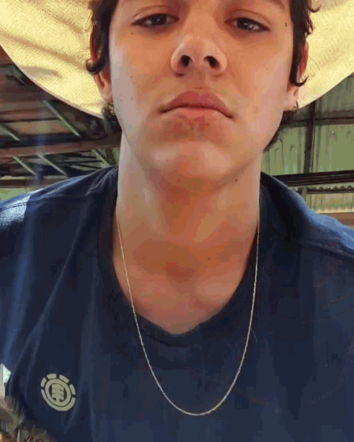 a young man wearing a cowboy hat and a chain around his neck looks at the camera