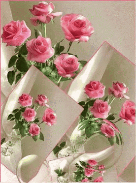 a bouquet of pink roses in a vase on a table