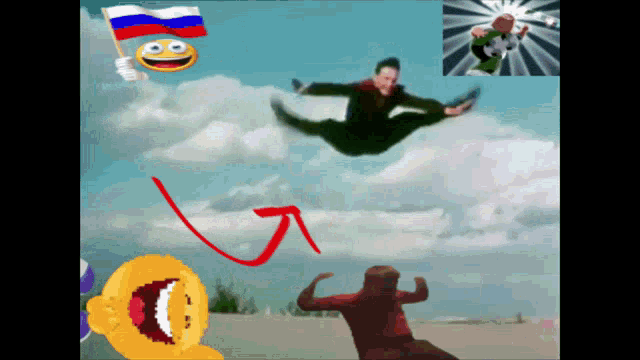 a man is jumping in the air with a smiley face and a russian flag behind him