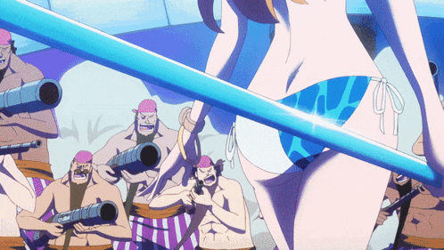 a woman in a bikini is surrounded by men with cannons