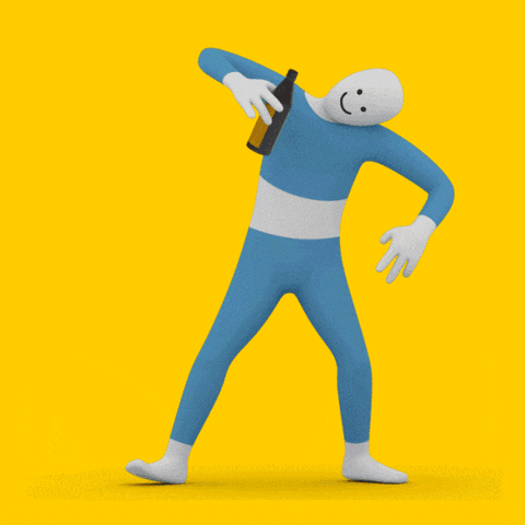 a blue and white cartoon character is holding a bottle of beer