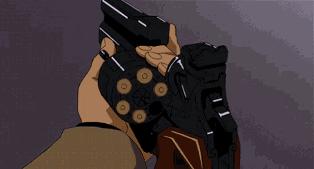 a cartoon drawing of a person holding a black gun