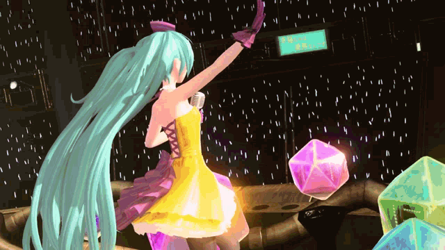 a girl in a yellow dress is dancing in front of a green sign that says ' hatsune miku ' on it