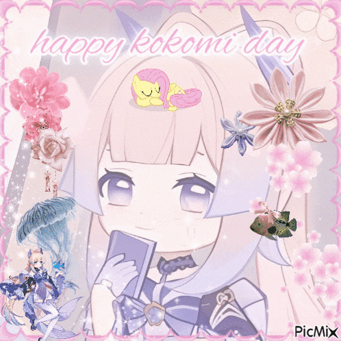 a picture of a girl with flowers and the words happy kokomi day on it