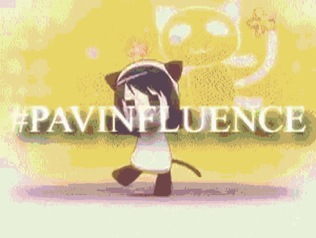 a cartoon character is standing in front of a purple background with the words pavinfluence written on it .