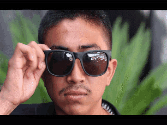 a man with a mustache is wearing a pair of black sunglasses