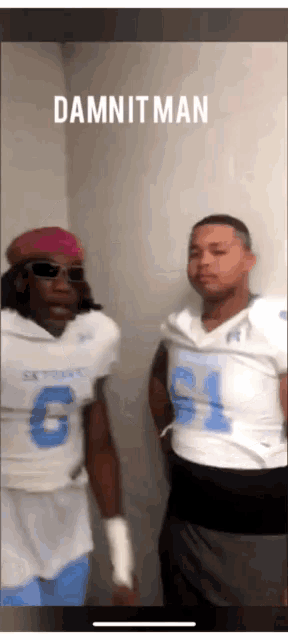 two football players standing next to each other with the words damnit man written above them