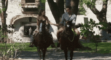 a man and a woman are riding horses in a park