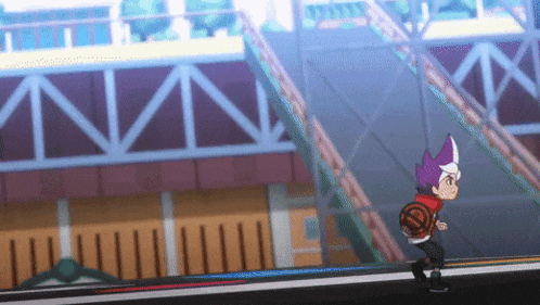 a cartoon character with a purple hat is running down a street .