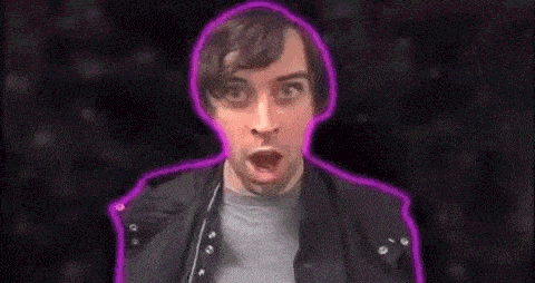 a man with a purple outline around his face is making a funny face with his mouth open .