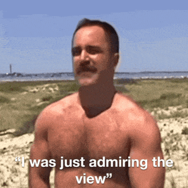 a shirtless man says " i was just admiring the view " while standing on a beach