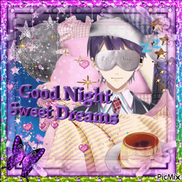 a picture of a boy wearing a sleep mask with the words good night sweet dreams on it